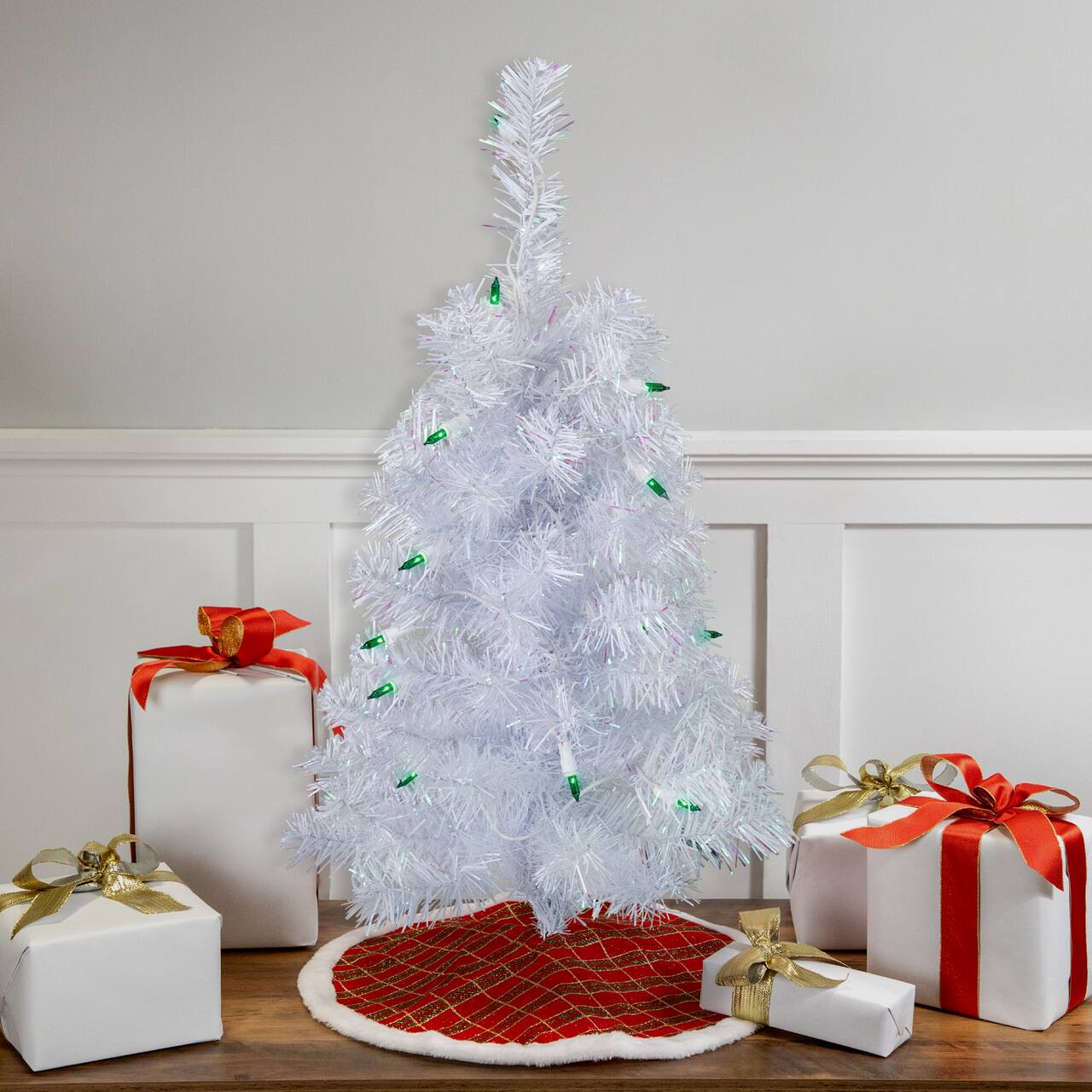 2ft. Pre-Lit Slim White Artificial Christmas Tree, Green Lights